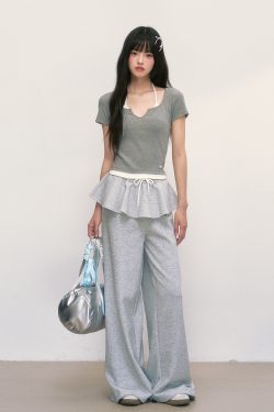 Casual Wide-Leg Patchwork Pants for Women - Summer 2025 Faux Two-Piece Floor-Length Gray Sweatpants