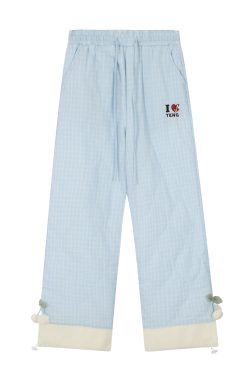 Casual Women's Love Heart Patchwork Plaid Cotton Wide-Leg Pants - Loose Fit Lamb Wool for Winter Style