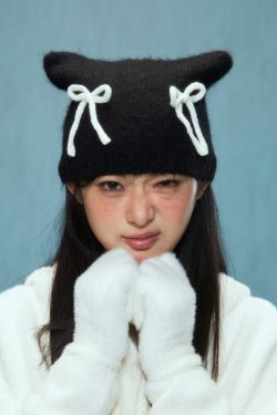 Cat Bowknot Plush Knit Hat for Women - Cozy Wool Winter Beanie for 2024 - Cute Y2K Style Accessory