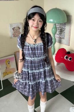 Checkered Short-Sleeve Dress for Women, Puff Sleeve Slim-Fit Summer Outfit, College Style Mid-Length Skirt Trend