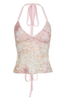 Cherry Blossom Lace Sequin Halter Backless Tie V-Neck Camisole Top for Girls - Y2K Inspired Floral Summer Fashion