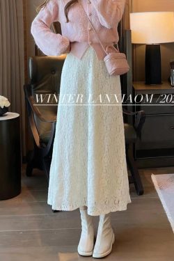 Chic 2024 Autumn Winter Two-Piece Set: Youthful Sweater & Lace Skirt Dress, Elegant Chanel-Style Outfit for Women