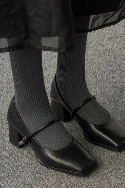 Chic Black French Mary Jane Shoes for Women - 2025 One-Strap Square Toe Chunky Heel Evening Style, Elegant Gentle Temperament