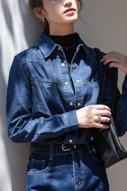 Chic Blue Denim Shirt Jacket for Women - Retro 90s Loose Layered Top for Autumn 2024 Fashion