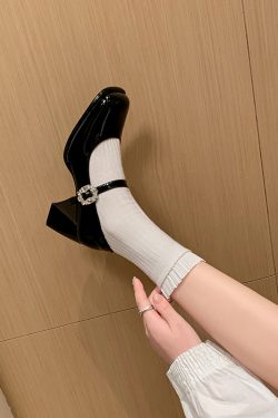 Chic Cowhide Patent Leather Rhinestone One-Strap Chunky Heel Mary Jane Shoes - Fairy Style High Heels for a Statement Look