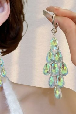 Chic Long Drop Earrings with Colorful White Crystal Tassels, Elegant Fashion Jewelry for a Graceful Look