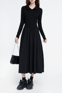 Chic Long Polo Collar Dress for Women - 2025 Winter Hepburn Style, Waist-Cinching, Slimming Little Black Dress