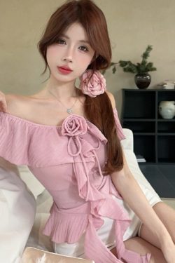 Chic Off-Shoulder Floral Chiffon Top with Flowing Ribbons – Unique Irregular Design, High-End Fashion, Sweet and Spicy Style
