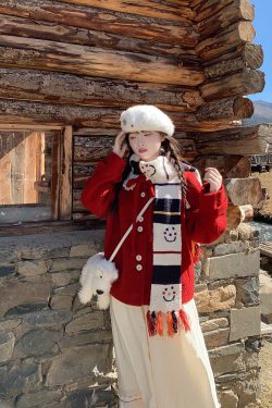 Chic Red Woolen Coat for Women, Sweet Temperament Birthday Sweater, Early Spring Battle Robe, Fragrant Style Top