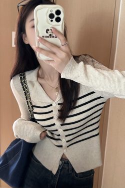 Chic Striped Polo Collar Knitted Cardigan Top for Women, Slim Fit Long Sleeve, Short Length, Versatile Fashion Essential