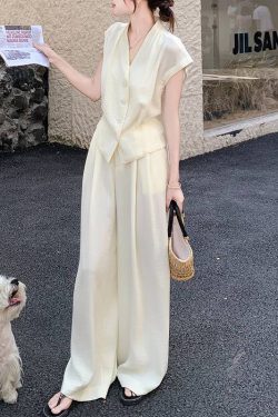 Chic Women's Summer 2025 Vest Suit Set with High-Waisted Wide-Leg Pants - Elegant Commuting Casual Fashion