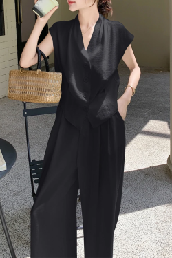 Chic Women's Summer 2025 Vest Suit Set with High-Waisted Wide-Leg Pants - Elegant Commuting Casual Fashion