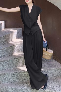 Chic Women's Summer 2025 Vest Suit Set with High-Waisted Wide-Leg Pants - Elegant Commuting Casual Fashion