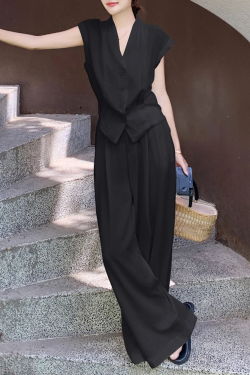 Chic Women's Summer 2025 Vest Suit Set with High-Waisted Wide-Leg Pants - Elegant Commuting Casual Fashion