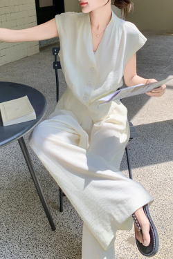 Chic Women's Summer 2025 Vest Suit Set with High-Waisted Wide-Leg Pants - Elegant Commuting Casual Fashion