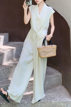 Chic Women's Summer 2025 Vest Suit Set with High-Waisted Wide-Leg Pants - Elegant Commuting Casual Fashion