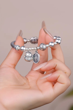 Chinese Style Fortune Cat Bead Bracelet with Six-Character Mantra - 2025 Emotion Stabilizing Half Bangle Half Chain for Women