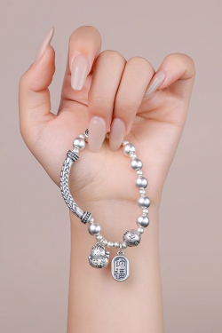 Chinese Style Fortune Cat Bead Bracelet with Six-Character Mantra - 2025 Emotion Stabilizing Half Bangle Half Chain for Women