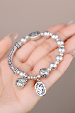 Chinese Style Fortune Cat Bead Bracelet with Six-Character Mantra - 2025 Emotion Stabilizing Half Bangle Half Chain for Women