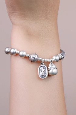 Chinese Style Fortune Cat Bead Bracelet with Six-Character Mantra - 2025 Emotion Stabilizing Half Bangle Half Chain for Women
