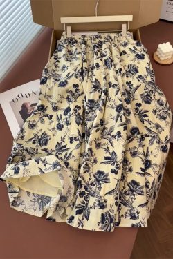 Chinese Style Ink Print A-Line Skirt for Women, Summer Draped Mid-Length Umbrella Skirt, Boho Vintage Fashion