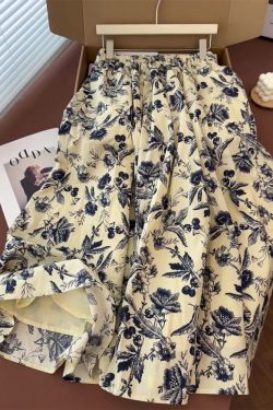 Chinese Style Ink Print A-Line Skirt for Women, Summer Draped Mid-Length Umbrella Skirt, Boho Vintage Fashion