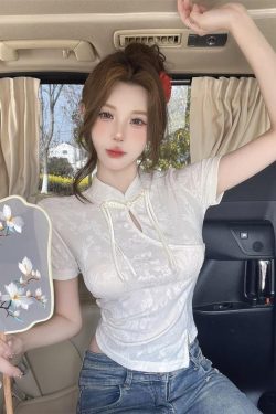 Chinese-Style Jacquard Qipao Short Sleeve T-Shirt for Women, Irregular Summer Top, Unique and Elegant Fashion