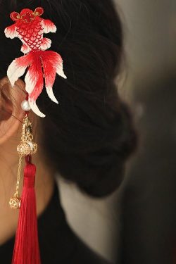 Chinese Style Koi Girl Hair Clip with Tassels - Red Embroidery Ancient Hanfu Side Clip for Kids