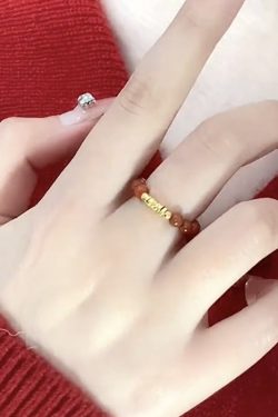 Chinese-Style Red Agate Bead Ring with Gold Foil and Copper Coin, Light Luxury National Style, High-End Fortune Jewelry