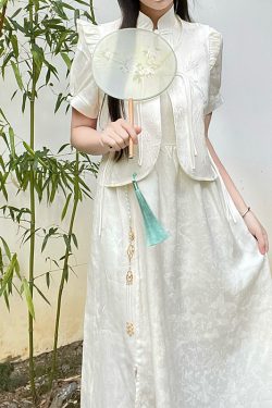 Chinese Style Retro Two-Piece Set Women's Pudding Bear Vest Dress - Vintage Y2K Fashion, Cute Pudding Bear Design