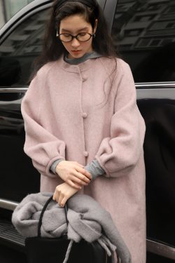 Chinese Style Reversible Woolen Coat with Lantern Sleeves, Mulberry Silk & Rabbit Hair, Small Stand Collar, Elegant Fashion Outerwear
