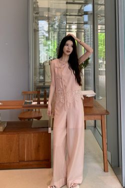 Chinese Style Spliced Lace Vest and Wide Leg Pants Two-Piece Set for Women - Slimming Summer Fashion, Trendy National Wind Look