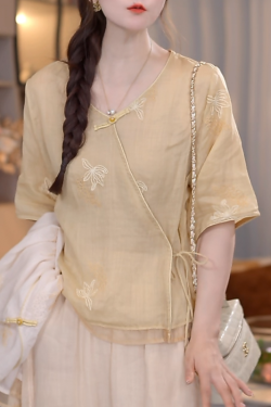 Chinese-Style Summer Button-Up Shirt with Diagonal Placket and Sun Protection – Trendy National Wind Design