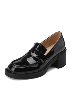 Chunky Heel British Style Thick-Soled Leather Loafers for Women, Mid-Heel Patent Flats in Size 40-43, Trendy Fashion Footwear