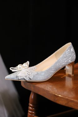 Chunky Heel Wedding Shoes with French Crystals - Stunning High Heels for Brides, Two-in-One Design for Comfort and Daily Wear