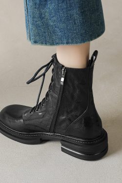 Chunky-Heeled Lace-Up Martin Boots for Women - Handcrafted Sheepskin, Short Thick-Soled Design, Versatile Spring & Autumn Footwear
