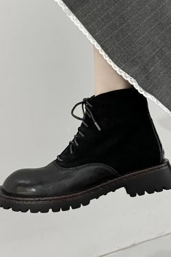 Chunky-Heeled Lace-Up Martin Boots for Women - Water-Washed Cowhide, Thick-Soled British Style Short Boots with Patchwork - 2024 Autumn/Winter