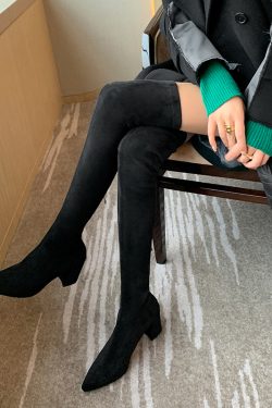 Chunky Heeled Pointed Toe Over-the-Knee Boots for Women - Mid-Heel Genuine Leather Stretchy Long Boots for Leg-Lengthening Style