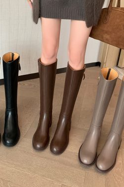 Chunky-Heeled Round-Toe Genuine Leather Riding Boots with Metal Buckle - Women's High Slim Long Boots for Autumn/Winter 2024
