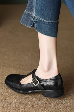 Chunky Low Heel T-Strap French Mary Jane Shoes for Women, Retro Genuine Leather, Shallow Mouth, British Style, Vintage-Inspired Flat Shoes