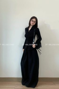 Classic Black Casual Shirt & Wide-Leg Pants Two-Piece Set for a Youthful Elegant Look - Stylish 90s Inspired Outfit
