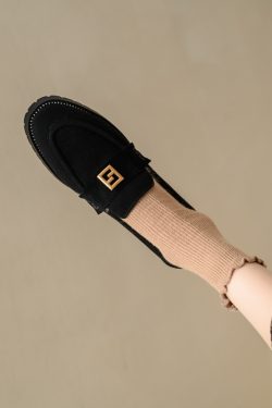 Classic Black Sheepskin Flat Loafers for Women - Square Toe Deep Mouth Design, Perfect for Autumn and Winter Wear