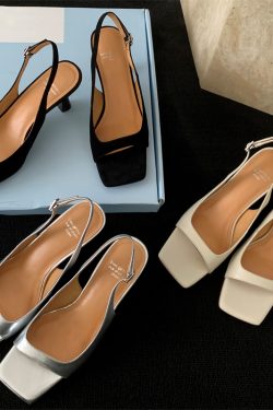 Classic Black Sheepskin Thin-Heeled Square-Toe Open-Toe Sandals for Women - Versatile Summer French Style High Heels