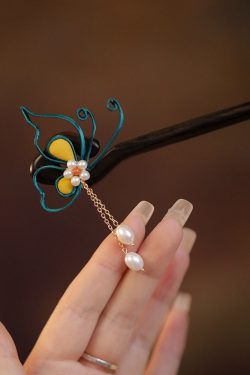 Classical Chinese Style Butterfly Hairpin with Step-Shake Tassel, Wooden Qipao Hairpin for Bun, Black Sandalwood Accessory