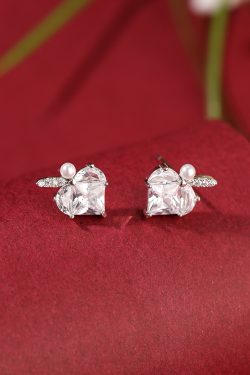Classy 925 Sterling Silver Heart Diamond Stud Earrings with Pearl Accents for Women, Elegant Fashion Jewelry