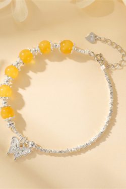 Classy Broken Silver Butterfly Bracelet for Women with Pure Silver and Amber Lucky Beads - Elegant Fashion Jewelry