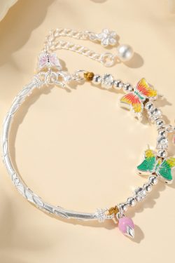 Classy Chinese-Style Enamel Butterfly Bracelet for Women, 925 Sterling Silver Bangle, Elegant Hand Accessory