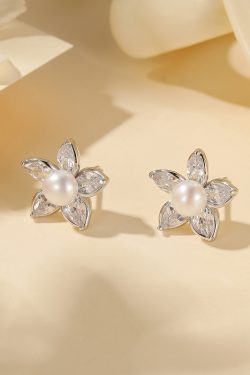 Classy Flower Pearl Earrings for Women - Light Luxury Zirconia Sterling Silver Studs, High-End Floral Design