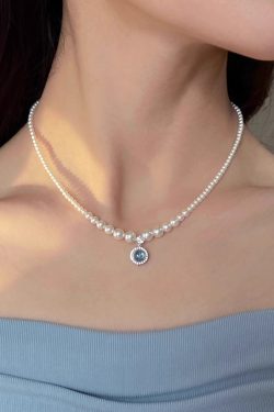 Classy French Pearl S925 Sterling Silver Necklace with Blue and White Porcelain Aquamarine Collarbone Chain for Elegant Style