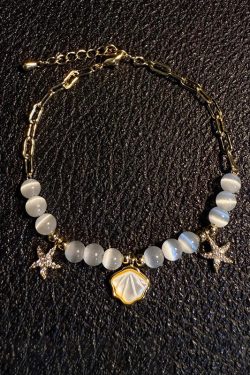 Classy French Starfish Shell Cat's Eye Bead Bracelet - High-End Women's Jewelry Accessory for Elegant Style
